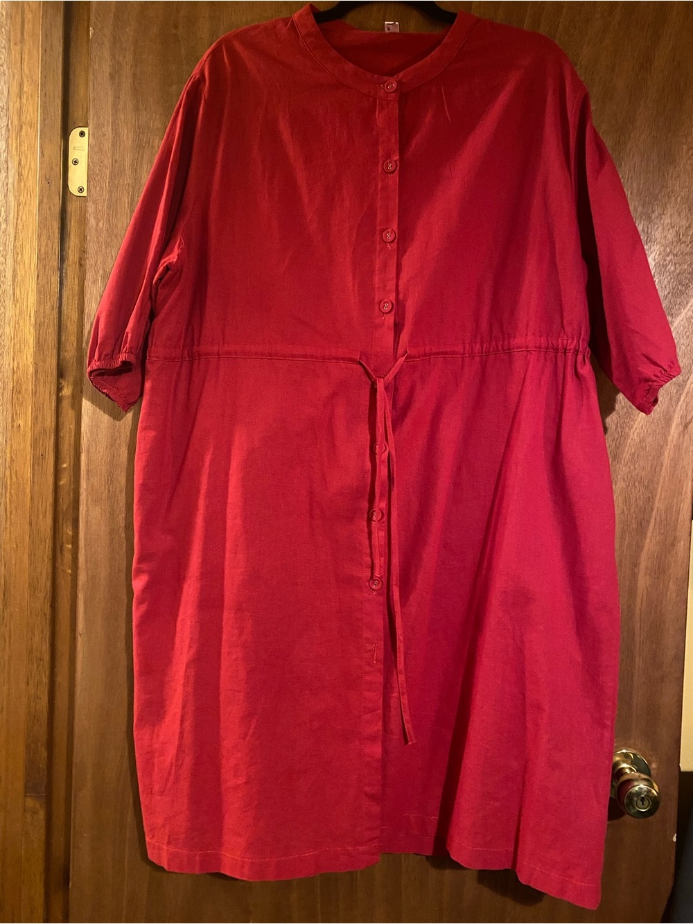 Red Linen Button-Up Drawstring Dress - Picture 4 of 4